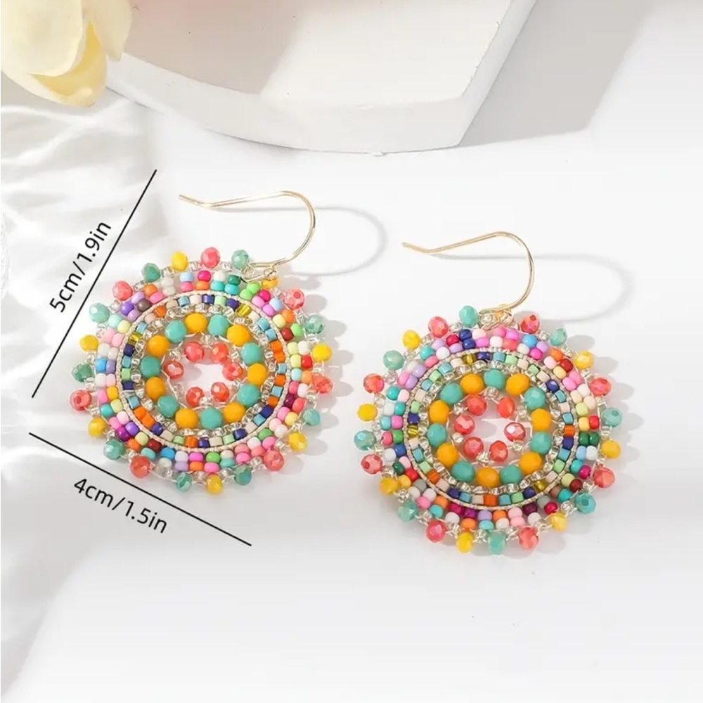Bright Multi Colored Starburst Beaded Dangle Earrings - Picture 2 of 2